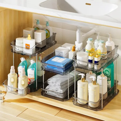 Miniatura 17 de Delamu Organizadores y almacenamiento de 2 niveles para debajo del fregadero, organizadores de gabinete de baño apilables multiusos, organización