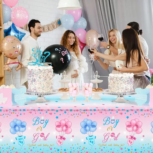 Miniatura 7 de Mixweer 3 piezas de mantel para revelación de género, suministros para fiesta de revelación de género, mantel de plástico impermeable para niños