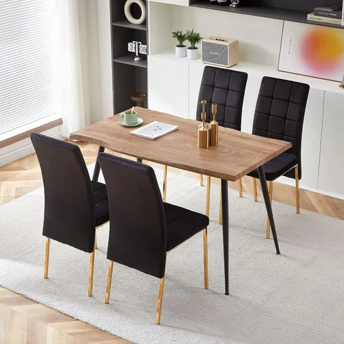 Howtek Juego de mesa de comedor rectangular para 4, moderno de mediados de siglo con 4 sillas de cocina de terciopelo tapizado negro, juego de mesa