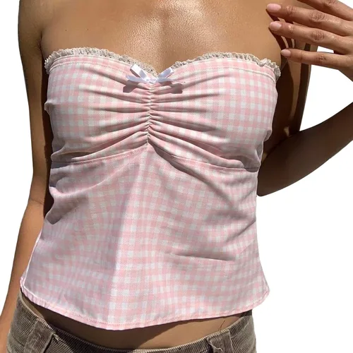 Camiseta sin mangas Y2K para mujer, con tirantes delgados, ribete de encaje, a cuadros, floral, sin mangas, ombliguera estética de hadas
