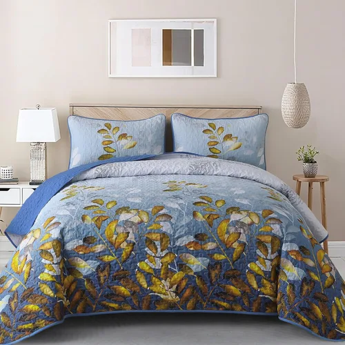 Miniatura 15 de WONGS BEDDING Juego de edredón floral tamaño Queen, 3 piezas, colcha con hojas botánicas en color agua, juego de edredón con 2 fundas de almohada