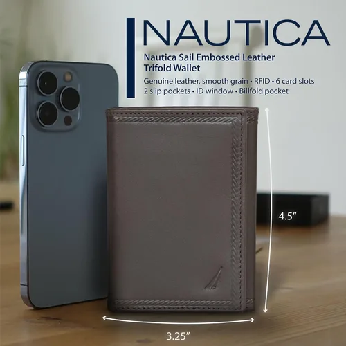 Miniatura 27 de Nautica Men's Trifold Wallet RFID Blocking Protection ID Window Card Slots Genuine Leather Durable