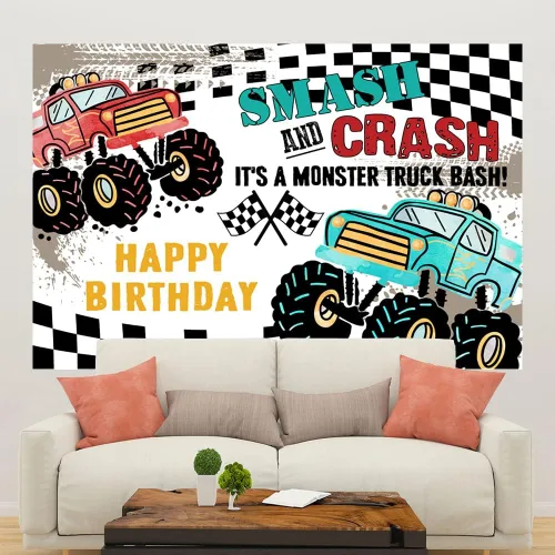 Miniatura 7 de Ticuenicoa Grave Digger - Fondo de cumpleaños de Monster Truck – Fondo de cabina de fotos con diseño de llama de 5 x 3 pies para niños, decoración