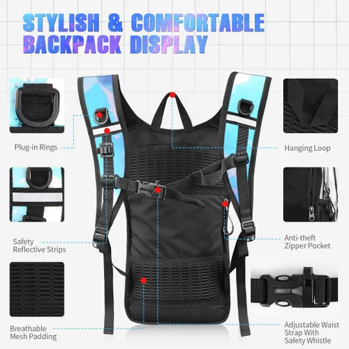 Miniatura 4 de Mochila de hidratación, paquete de hidratación para festivales y raves, mochila de agua con bolsa de hidratación de 2L, mochila de hidratación