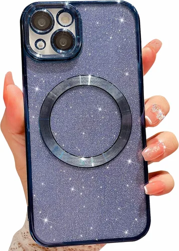 Compatible con iPhone 13 Funda magnética con purpurina, bonita funda transparente chapada de lujo, compatible con MagSafe para mujeres y niñas con