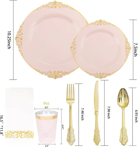 Miniatura 3 de Morejoy 175 platos de plástico rosa, juegos de platos desechables rosa y dorado, incluye 25 platos llanos, 25 platos de postre, 25 juegos de rosa