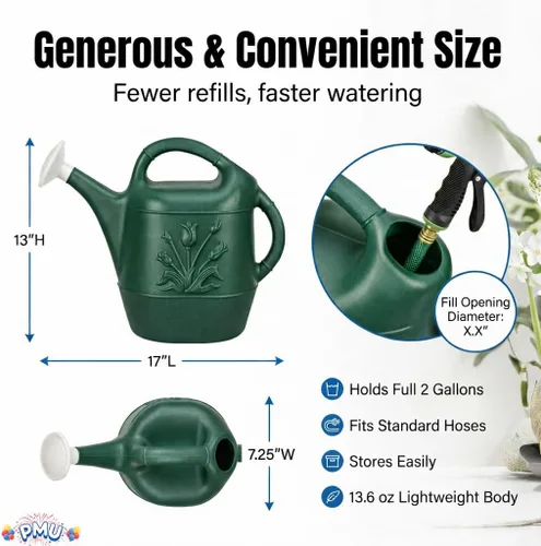 Miniatura 3 de PMU Regadera de 2 galones - Regadera de jardín para plantas de interior y exterior - Regadera de plástico con cabezal de rociador desmontable