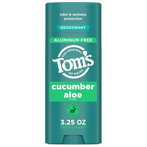 Tom's of Maine Desodorante natural sin aluminio de pepino y aloe para mujeres y hombres, se pone transparente, protección contra olores y humedad,