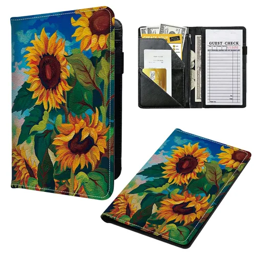 Miniatura 10 de Libros para camarera, cartera de cuero con bolsillo con cremallera, 7 bolsillos de almacenamiento para recetas y cheques, soporte para bolígrafos