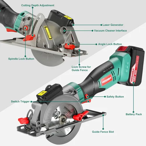 Miniatura 7 de HYCHIKA Sierra circular inalámbrica, sierra circular mini de 18V con batería de 4.0Ah, 3 cuchillas (4-1/2", 4-9/10"), 3500 RPM, profundidad máxima