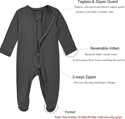 Miniatura 2 de Aablexema Baby Zipper Pajamas Bamboo Rayon, 3pcs Unisex Infant Onesie with Mitten Long Sleeve Footed Pjs