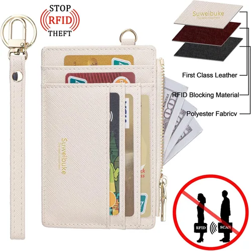 Miniatura 4 de Cartera delgada para mujer con bloqueo RFID para tarjetas de crédito, porta tarjetas tipo pulsera con cremallera para identificación, cartera