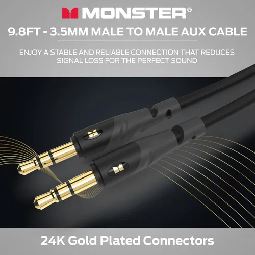 Miniatura 3 de Monster Gen1 Essentials - Cable de audio macho a macho, cable auxiliar de 9.8 pies con chaqueta Duraflex, conectores chapados en oro, cable auxiliar