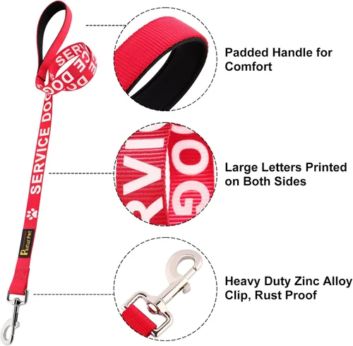 Miniatura 2 de Plutus Pet Correa para perro de servicio con mango acolchado de neopreno suave, impresa en letras grandes en ambos lados, 4 pies de largo, rojo, 5/8