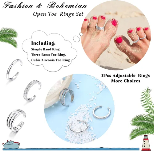 Miniatura 3 de Udalyn - Juego de 3 anillos de plata de ley 925 para mujer, ajustable, anillo de dedo para pies, hipoalergénico, anillo abierto