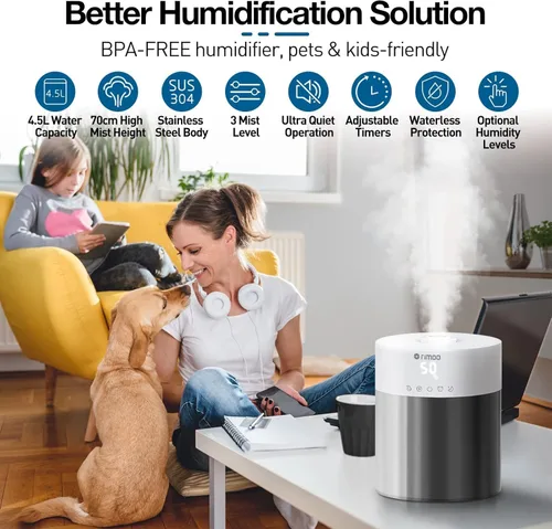 Miniatura 2 de Humidificador de acero inoxidable, humidificador fácil de limpiar de 4.5 litros con tanque de acero inoxidable 304, humidificadores de niebla fría