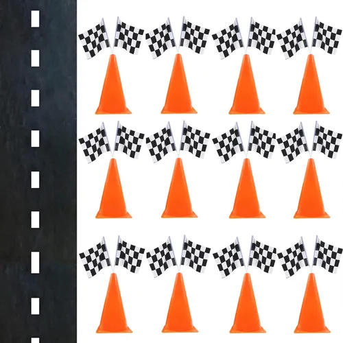 Miniatura 9 de Paquete de 6 conos de carreras naranjas de 7 pulgadas con agujeros en la parte superior, paquete de 12 banderas a cuadros, decoraciones de fiesta