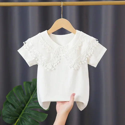 Miniatura 3 de Blusa bordada de encaje para niña pequeña, manga corta, cuello de muñeca de algodón, camiseta de uniforme escolar