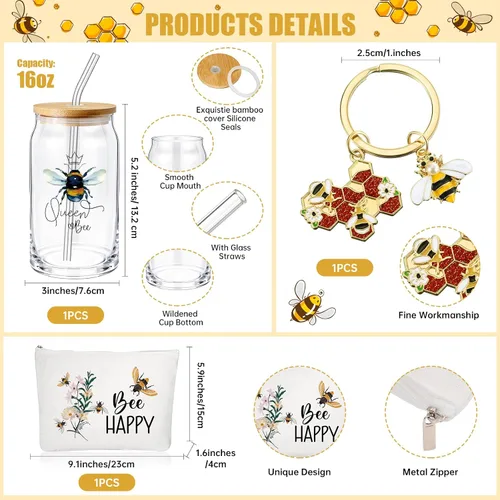 Miniatura 2 de Hushee 3 piezas de regalos temáticos de abeja, bolsa de maquillaje feliz y taza de vidrio con tapa, llavero de paja inspirador para graduación
