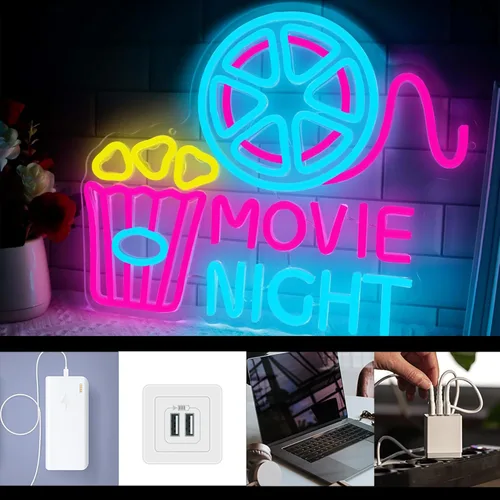 Miniatura 3 de Letrero de neón para decoración de pared con caja de papel de palomitas de cine, luz LED de neón para cine en casa, decoración de cine en casa