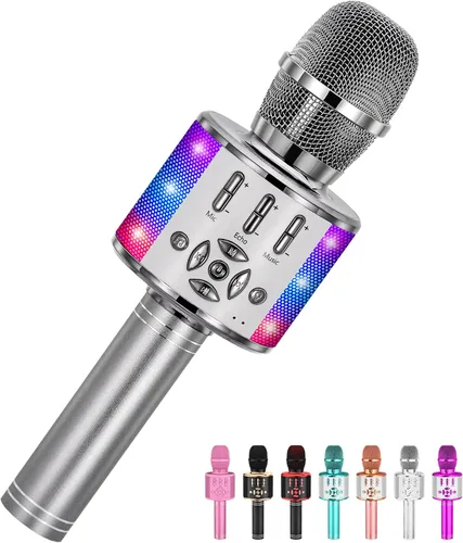 Miniatura 12 de Amazmic Máquina de Micrófono de Karaoke para Niños, Micrófono Bluetooth Portátil, Micrófono de Karaoke Inalámbrico de Mano con Luces LED, Regalo