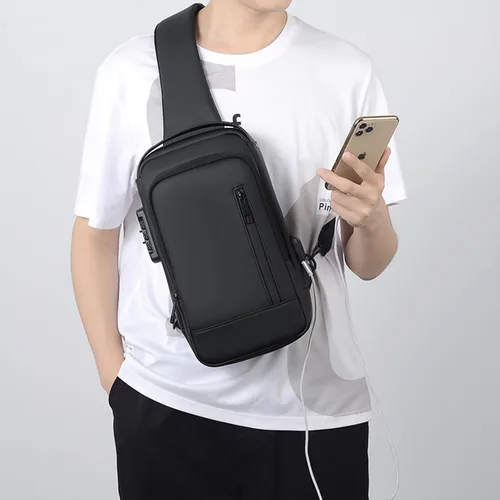 Miniatura 4 de Pequeñas bolsas antirrobo para hombre, mochila con correa USB, impermeable, ligera, con una correa, Negro -, Mochilas Daypack