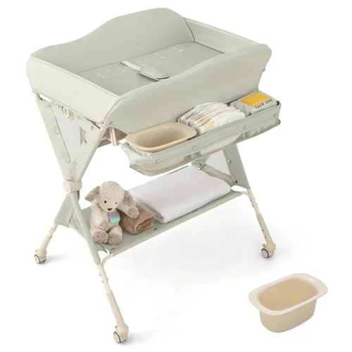 Miniatura 11 de BABY JOY Cambiador portátil para bebé, estación de cambio de pañales plegable con ruedas, altura ajustable, estante de almacenamiento grande, lavabo