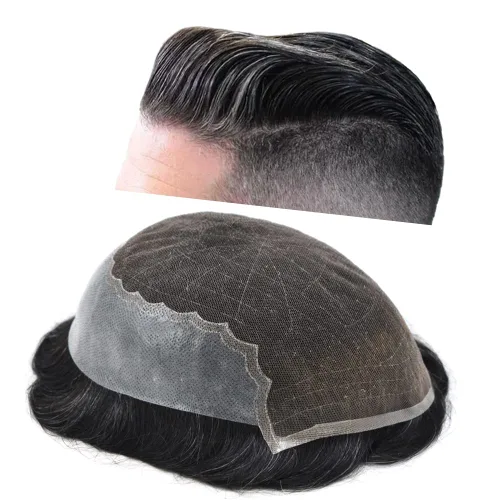 Miniatura 82 de Toupee - Sistemas de reemplazo de cabello para hombre, encaje frontal suizo, nudo blanqueado, pieza de cabello humano natural 1# negro azabache, 8 x