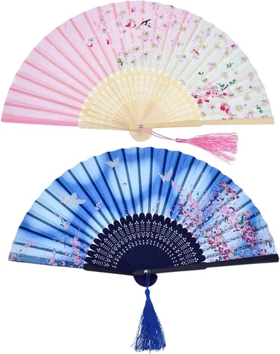 Miniatura 10 de Hotop 2 abanicos de mano plegables de seda con marcos de bambú para mujeres, color rosa y azul, portátil, artesanías chinas para bailar, accesorios