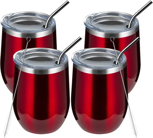 Miniatura 38 de MEWAY Vaso de vino sin tallo de 12 onzas con tapa, vaso de viaje de acero inoxidable con aislamiento de doble pared al vacío con popote, para Negro