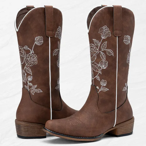 Miniatura 5 de Jeossy Botas vaqueras a media pantorrilla con bordado de flores, tacón bajo, botas vaqueras occidentales 9807 para mujer