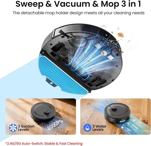 Miniatura 4 de Lefant LiDAR Robot Aspirador y Trapeador Combo, 75 días de autovaciado, 6000Pa potente Scution, mapeo de varios pisos, zonas prohibidas, 140 minutos