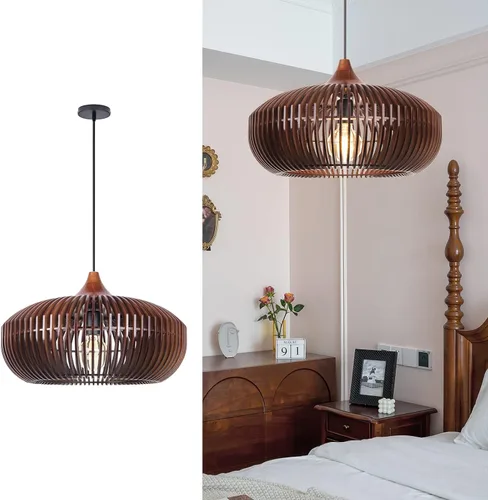 Arturesthome Lámpara colgante redonda de madera de granja, lámpara de techo colgante de madera rústica para cocina, isla, cafetería, sótano,