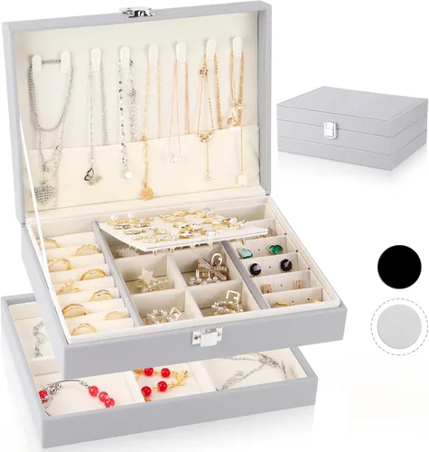 LOMEVE Joyero con bandeja extraíble, organizador de joyería de piel sintética para mujeres y niñas, 2 capas organizador de joyas para collares,