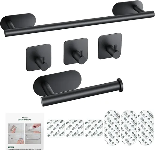 Miniatura 8 de JiGiU Toallero de 16 pulgadas, juego de accesorios de baño autoadhesivos con soporte para papel higiénico y 3 paquetes de ganchos para toallas, kit