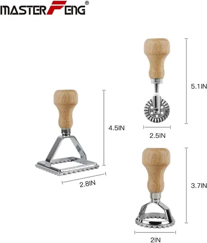 Miniatura 2 de Cortador de sellos de ravioles con juego de ruedas de rodillo, molde con mango de madera y borde estriado, accesorio de cocina para prensa de pasta