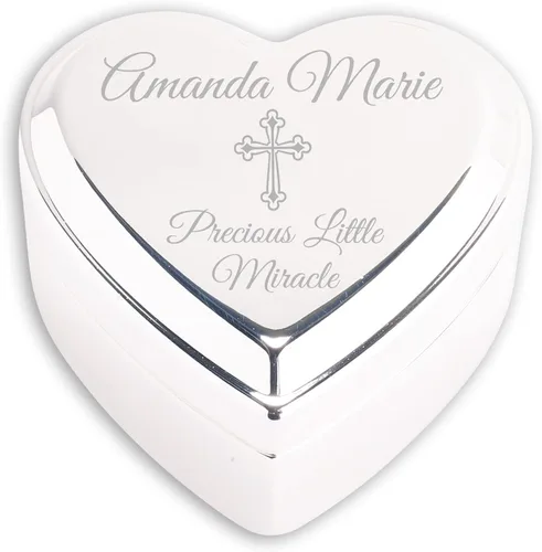 Miniatura 30 de Cherished Moments Caja de recuerdo de joyería de corazón personalizada con cruz grabada personalizada y nombre para regalo de bautizo de bebé