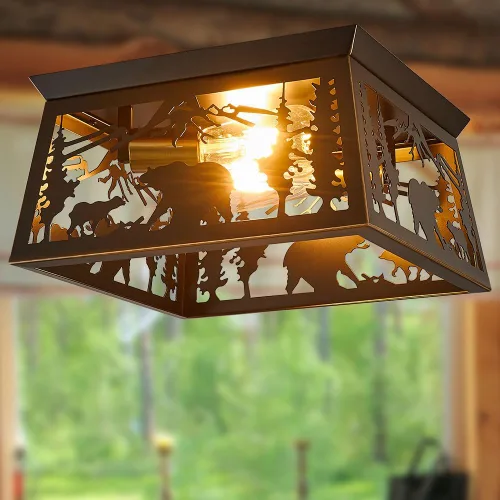 Miniatura 7 de Lámpara rústica, lámpara de techo empotrada de 2 luces, diseño de oso de metal para dormitorio, vestíbulo, entrada, pasillo, montaje en techo