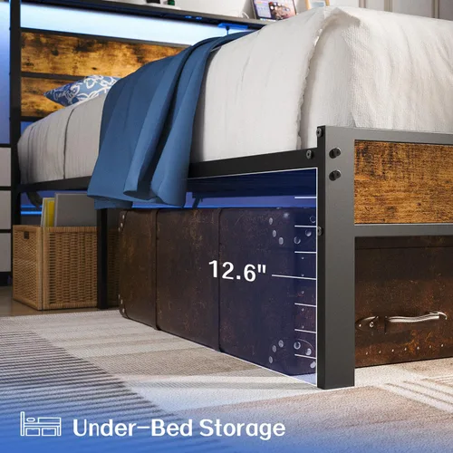 Miniatura 6 de Liians Base de cama tamaño King con cabecera de estación de carga USB tipo C, luces LED inteligentes, plataforma de metal sin ruido, no necesita