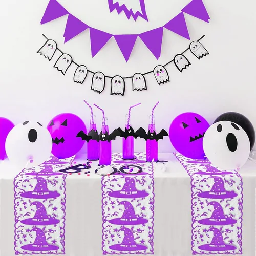 Miniatura 5 de Camino de mesa de Halloween – Camino de mesa de encaje con sombrero de bruja para decoraciones de mesa de Halloween – Máscara de Halloween, cena
