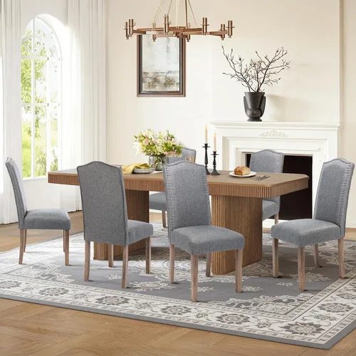 Miniatura 12 de Silla de comedor tapizada moderna y elegante Parsons con respaldo alto con ribete plateado de cabeza de clavo y patas de madera, juego de 2, tela