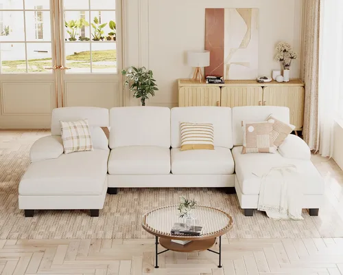 Miniatura 13 de JUMMICO Sofás Seccionales para Sala de Estar, Sofá en Forma de U con Tela de Chenilla, Sofá Moderno de 4 Asientos con Almohadas Removibles para Gris