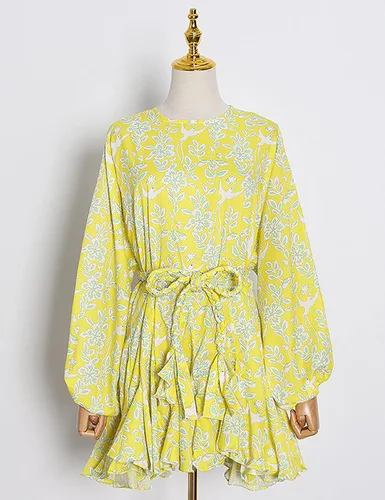 Miniatura 2 de meilun Mini vestido de verano de manga larga con cinturón, estampado floral, mini vestido de playa para vacaciones