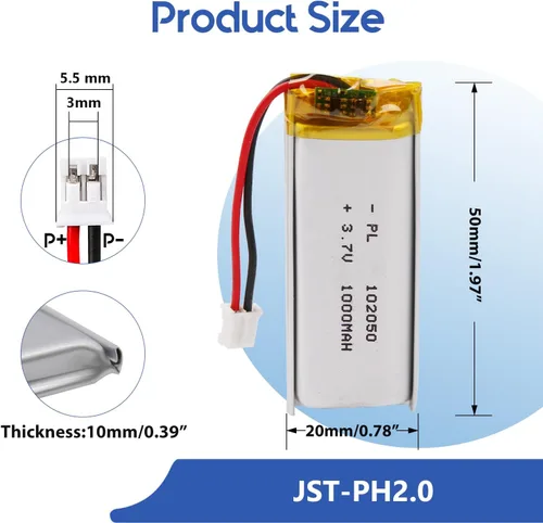 Miniatura 2 de Batería Lipo de 3.7V 1000mAh 102050 Batería recargable de polímero de litio con conector JST PH2.0.000 in para altavoz Bluetooth, GPS, reloj