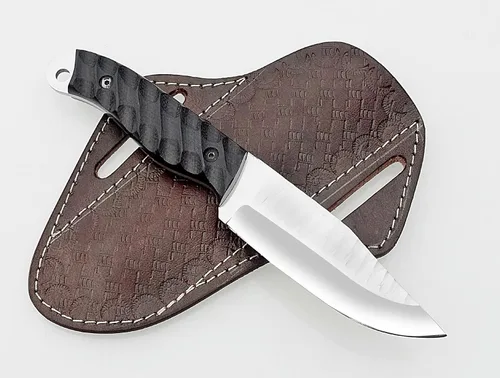 Miniatura 3 de Cuchillo de caza hecho a mano de acero de alto carbono con mango de micarta negro y funda de cuero - Herramienta de campamento y supervivencia