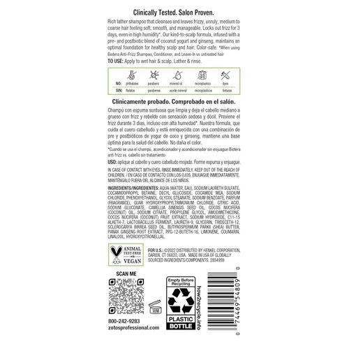 Miniatura 8 de Biotera Anti Frizz Smoothing Shampoo Smooths & Controls Frizzy, Unruly Hair Microbiome Friendly Vegan & Animal Test Free Paraben Free