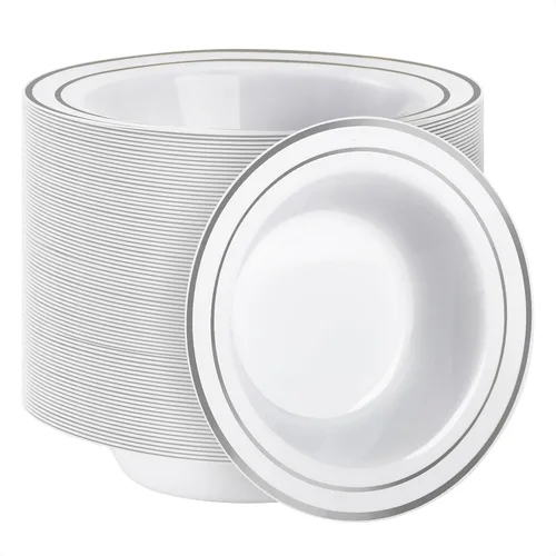 Miniatura 9 de Goodluck Paquete de 50 cuencos de plástico con borde rojo, cuencos de sopa desechables de 12 onzas, cuencos de postre resistentes para bodas
