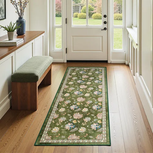 Miniatura 195 de Jinchan Fiora - Alfombra redonda de 8 pies, alfombras vintage con diseño floral envejecido, lavable a máquina, antideslizante, de pelo bajo, Azul