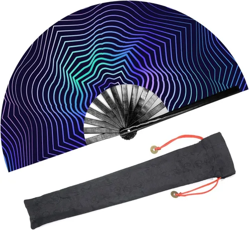 Miniatura 8 de Ventilador de mano plegable grande para mujeres/hombres, chino/japonés con bambú y tela de nailon, ventilador de mano, para actuaciones, Trippy