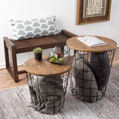 Miniatura 4 de Lavish Home - Juego de 2 mesas auxiliares - Mesas anidables con tapas de madera removibles y bases de cesta de metal para almacenamiento de mantas